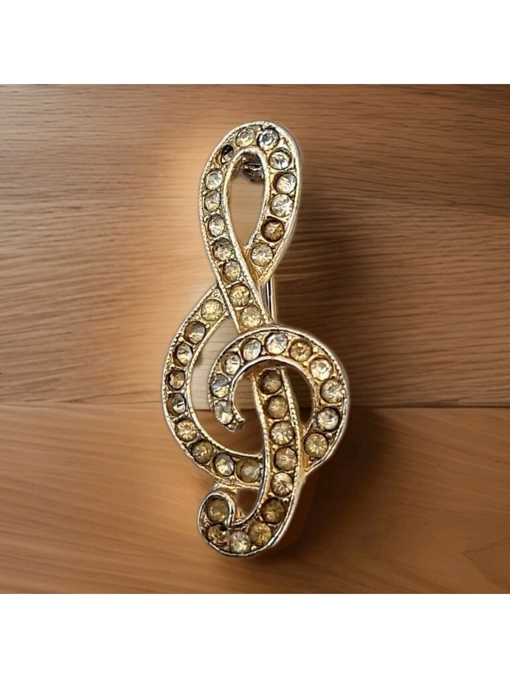 Vintage Brooch Pin Jewelry Golden Music Note Treble Clef Rhinestones 1.75" mpc7